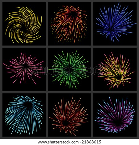 Set of fireworks on black bacground. All elements are separate objects and grouped.No transparency.