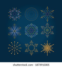 set of fireworks on blue background