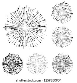 Set of fireworks, part 4, black shadow isolated on white background, vector illustration