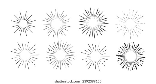 Set Fireworks, rays, sunburst frames circle border decoration, sparkle in doodle style, line sketch explosion isolated on white background.