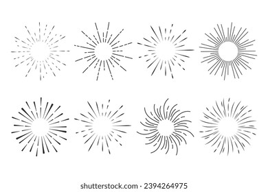 Set Fireworks, rays, sunburst frames circle border decoration, sparkle in doodle style, line sketch explosion isolated on white background.