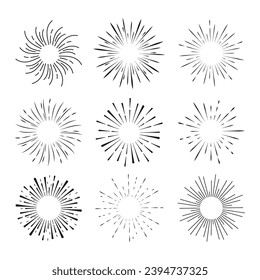Set Fireworks, rays, sunburst frames circle border decoration, sparkle in doodle style, line sketch explosion isolated on white background.