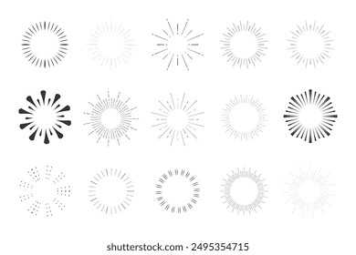 Set Fireworks, rays, sunburst frames circle border decoration, sparkle in doodle style, line sketch explosion isolated on white background.