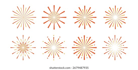 Set of fireworks red orange color isolated flat style design vector illustration on white background.