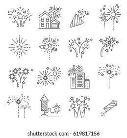 Set of fireworks Related Vector Line Icons. Includes such Icons as fireworks, firecracker, celebration, night, city, sparklers, fire, explosion
