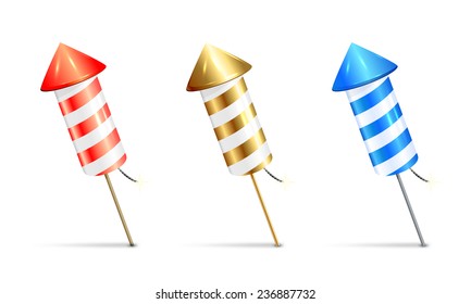 Set of fireworks rocket isolated on white background, illustration.