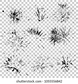 Set of fireworks silhouette. Black and white trace vector illustration.