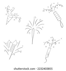 A set of fireworks with a thin line. vector illustration of a doodle