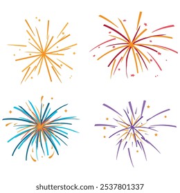 set of fireworks in vector illustration style, white isolated background.
