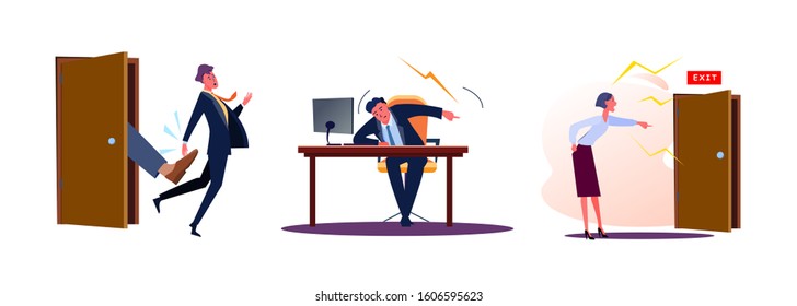 Set of firing employees. Flat vector illustrations of man kicked out of work, boss, screaming, pointing on door. Career failure concept for banner, website design or landing web page