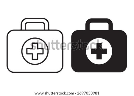 Set of First aid box icons. First aid kit, Medical care bag symbol collection. Medical briefcase icon. Vector Illustration.