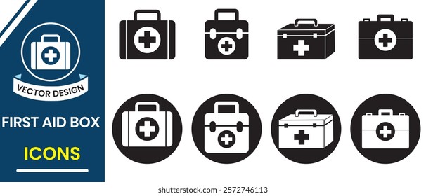 Set of First aid box, kit icon symbol. Medical treatment box, First aid box icon, briefcase silhouette Illustration. Vector illustration.