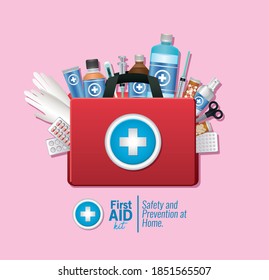 set of first AID icon on pink background vector illustration design