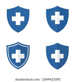 Set of First AID icon with shield protection logo, health care logo element, blue shield with aid icon isolated white background