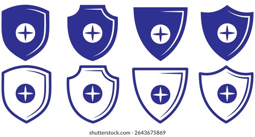 Set of First AID icon with shield protection logo, health care logo element, black shield with aid icon. Medical healthy shield icon. Health badge sign symbol. 