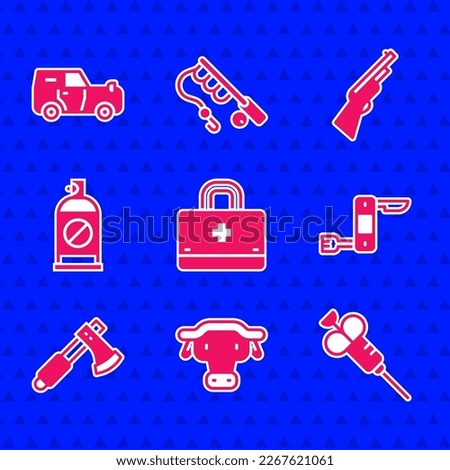 Set First aid kit, African buffalo head, Syringe, Swiss army knife, Wooden axe, Spray against insects, Hunting gun and Off road car icon. Vector