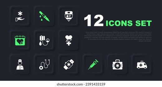Set Erste Hilfe Kit, Krankenwagen, Blutdruck, Spritze, Arzt-Termin, Stethoskop, Pipette und Smart Uhr mit Herzsymbol. Vektorgrafik
