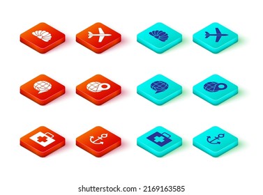 Set First aid kit, Anchor, Globe with flying plane, Location on the globe, Plane and Scallop sea shell icon. Vector