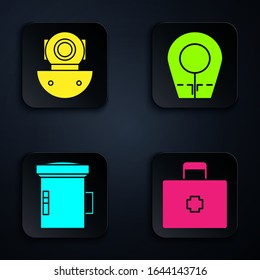 Set First aid kit, Aqualung, Big flashlight for diver and Diving hood. Black square button. Vector