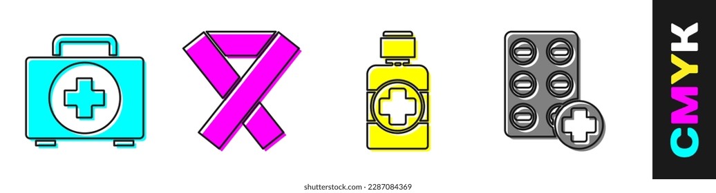 Set First aid kit, Awareness ribbon, Bottle of medicine syrup and Pills in blister pack icon. Vector