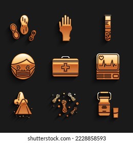 Set First aid kit, Bacteria, Can container for milk, Monitor with cardiogram, Runny nose, Face protective mask, Test tube and flask and Peanut icon. Vector