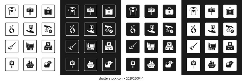 Set First aid kit, Blood donation, Volunteer team planting trees, Clothes, Donation and charity, Help sign, center and Mop icon. Vector