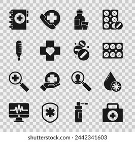 Set Erste-Hilfe-Kit, Bluttest und Virus, Pillen in Blisterpackung, Flasche Medikamentensirup, Herz mit Kreuz, Medizinisches Thermometer, Zwischenablage und Medikamentenpille oder Tablettensymbol. Vektor