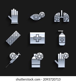 Set First aid kit, Bottle with virus, Hand, of liquid antibacterial soap, Syringe, Pills blister pack, Virus cells lung and Medical rubber gloves icon. Vector