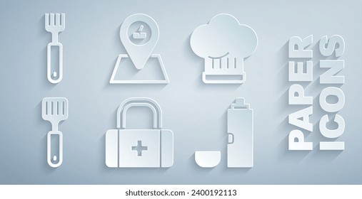 Set First aid kit, Chef hat, Spatula, Thermos container, Picnic location and Fork icon. Vector