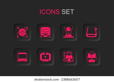 Set First aid kit, Cloud database, Blockchain technology Bitcoin, Cyber security, Smart glasses on spectacles, Hologram and Laptop icon. Vector