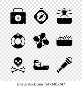 Set Erste-Hilfe-Kit, Kompass, Leuchtturm, Totenkopf auf Crossbones, Frachtschiff, Spyglass Teleskop-Linse, Rettungsring und Boot Propeller-Symbol. Vektorgrafik