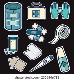 Set of First Aid Kit Cute Sticker Illustration