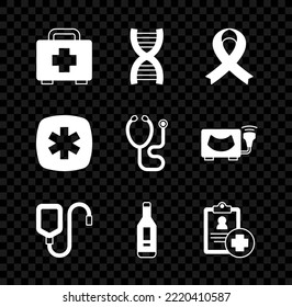 Set First aid kit, DNA symbol, Awareness ribbon, IV bag, Digital thermometer, Patient record, Emergency - Star of Life and Stethoscope icon. Vector