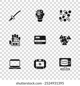 Definir kit de primeiros socorros, Terra com ponto de exclamação, banco de dados Nuvem, Cartão de crédito, Medical pill biohacking, Katana, óculos inteligentes óculos e Ícone mecânico da mão robô. Vetor