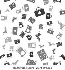 Set First aid kit, Folded map with location, Hiking boot and Radio with antenna on seamless pattern. Vector