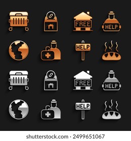 Set First aid kit, Help homeless, Donation food, Ask for help text, Global economic crisis, Shelter, Trash can and and charity icon. Vector