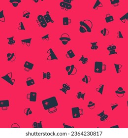 Set First aid kit, Hippo or Hippopotamus, Mountains and Camping hat on seamless pattern. Vector