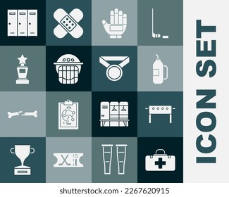 Set First aid kit, Hockey table, Fitness shaker, glove, helmet, Award cup, Locker or changing room and Medal icon. Vector