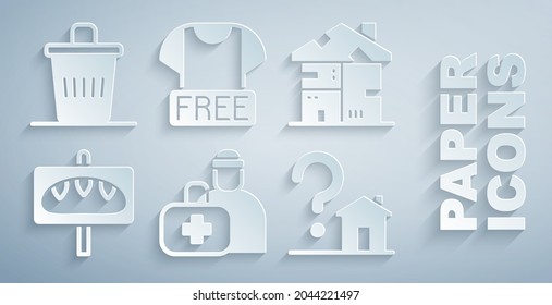 Set First Aid Kit, Homeless Cardboard House, Donation Food, House With Question Mark, Clothes Donation And Trash Can Icon. Vector