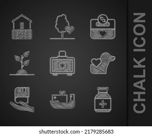 Set First Aid Kit, Humanitarian Ship, Medicine Bottle And Pills, Heart With Dog, Book Donation, Volunteer Team Planting Trees, Donation Charity And Free Home Delivery Icon. Vector