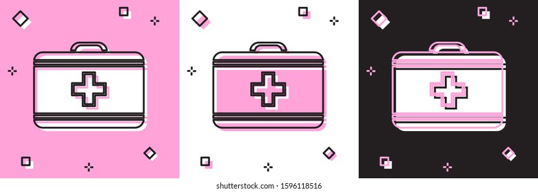 Set First aid kit icon isolated on pink and white, black background. Medical box with cross. Medical equipment for emergency. Healthcare concept.  Vector Illustration
