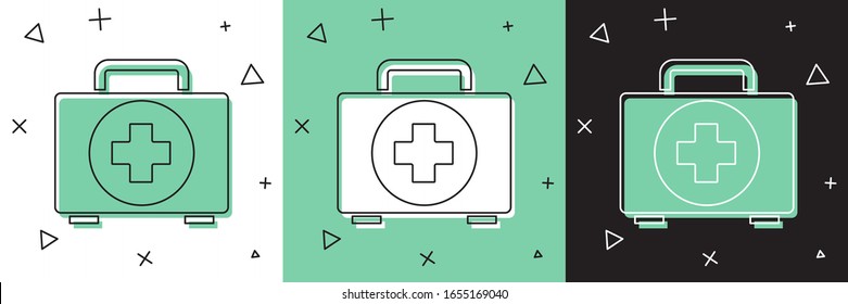 Set Erste Hilfe-Kit Symbol einzeln auf weißem und grünem, schwarzem Hintergrund. Medizinische Box mit Kreuz. Medizinische Ausrüstung für Notfälle. Konzept der Gesundheitsversorgung. Vektorillustration-Illustration