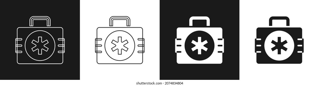 Set First aid kit icon isolated on black and white background. Medical box with cross. Medical equipment for emergency. Healthcare concept.  Vector