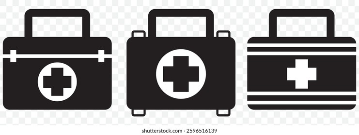 Set with first aid kit icon in linear style on white background. Simple First-aid kit icon, medical symbol. Editable stroke. Health care. Cross symbol.
