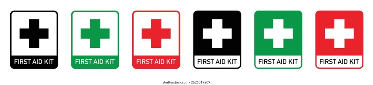 Set of first aid kit icons in Red, Green, and black colors. Emergency medical cross symbols for Safety. Hospital and Healthcare Sign symbol. Isolated vector illustration on white background.