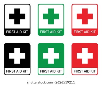 Set of first aid kit icons in red, green, and black color. Emergency medical cross symbols for Safety. Hospital and healthcare sign symbol. Isolated vector illustration on white background.