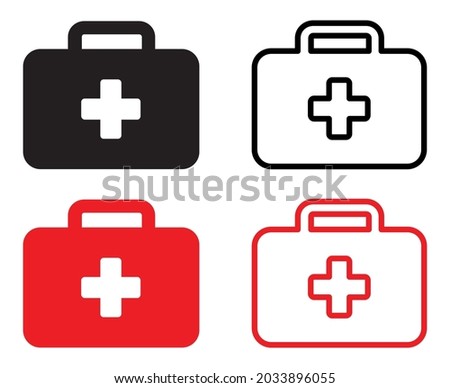 Set of first aid kit icons. First aid sign. Medical briefcase, vector.