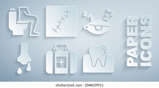 Set First aid kit, Insomnio, Runny nose, Diente con caries, Sutura de cicatriz e ícono de estreñimiento. Vector