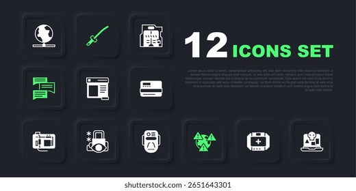 Set First aid kit, Internet piracy, Browser window, Earth with exclamation mark, Speech bubble chat, Cyber security, Katana and Artificial intelligence robot icon. Vector