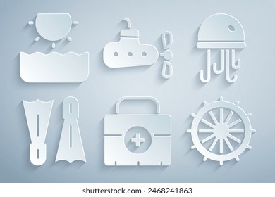 Set First aid kit, Jellyfish, Flippers for swimming, Ship steering wheel, Submarine and Sun icon. Vector